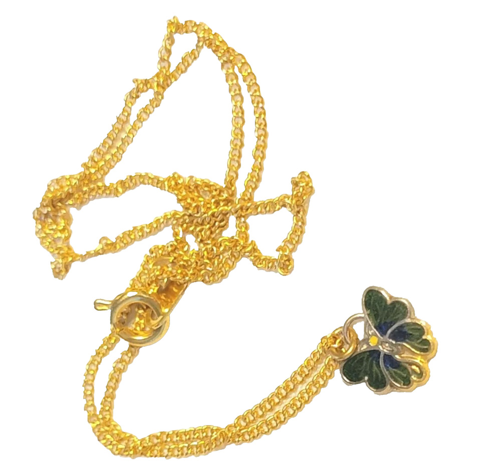 Vintage 1970s boho Green enamel butterfly pendant necklace 16" blu-002-42